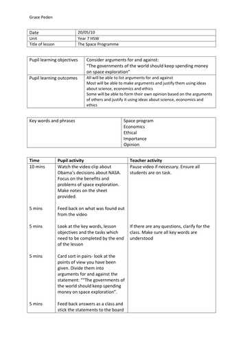 Space Exploration Worksheets for Middle School and the Space Debate by Grace Peden Teaching Resources Tes