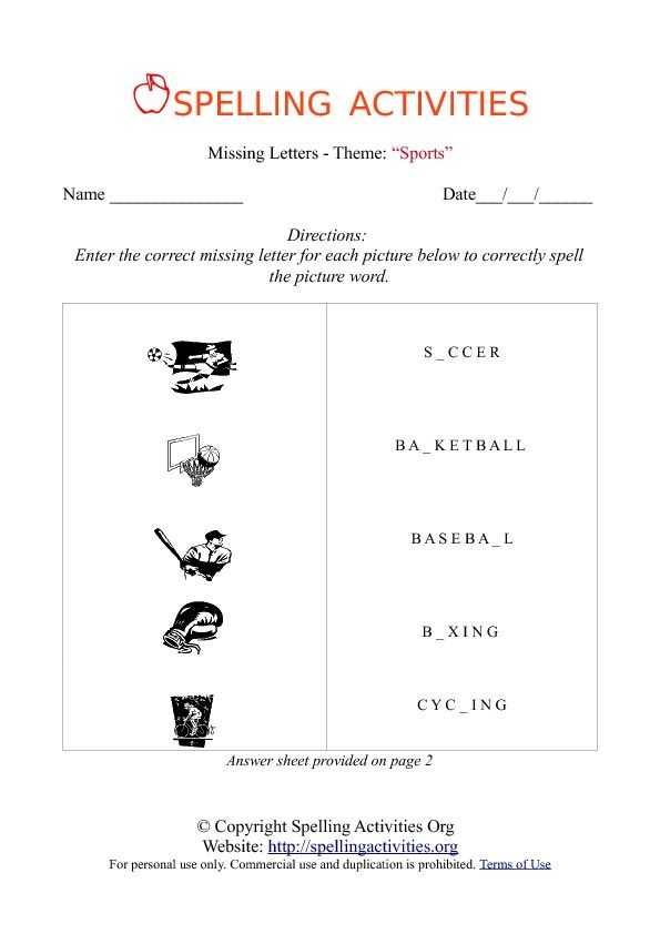 Spelling Worksheets for Grade 5 with Sport Worksheets for Kids