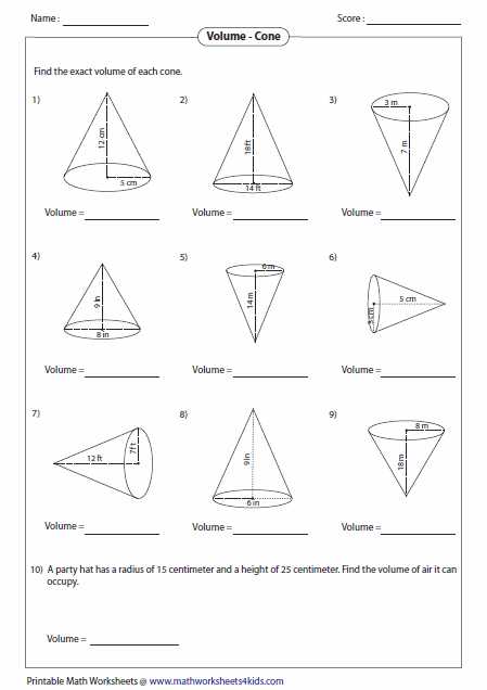 Surface area Worksheet 7th Grade with Volume Cones Cylinders and Spheres Worksheet with Answers Kidz