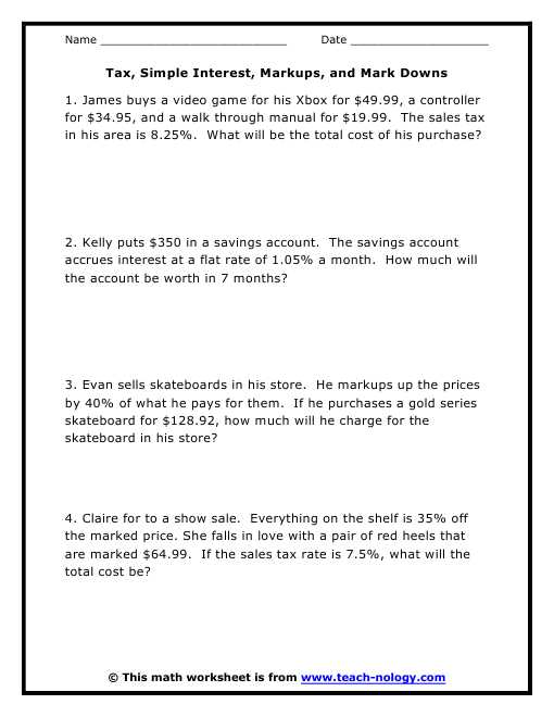Taxation Worksheet Answer Key Also Sales Tax Worksheets 7th Grade Worksheets for All