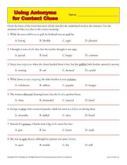 The Raven Worksheets for Middle School and Using Antonyms for Context Clues