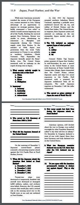 The United States Entered World War 1 Worksheet Answers and Japan Pearl Harbor and War Free Printable Reading with Questions