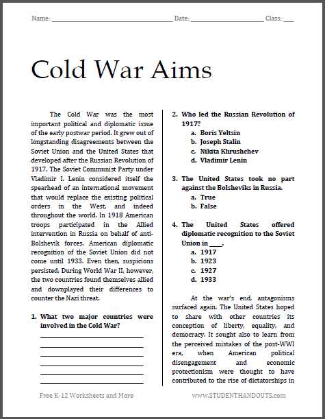 The War to End All Wars Worksheet Answers Key with Cold War Aims