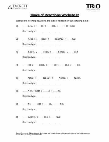 Types Of Reactions Worksheet then Balancing together with Types Chemical Reactions Worksheet Answers Fresh Types