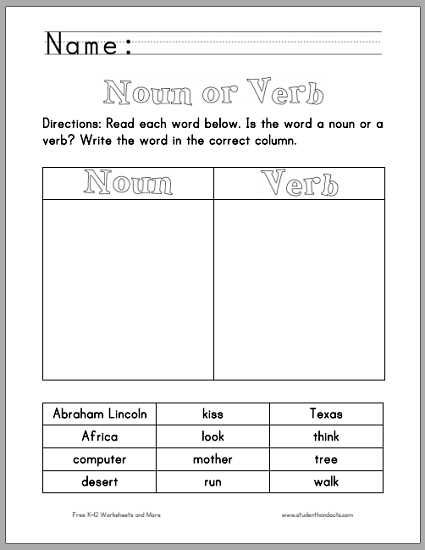 Verbs Worksheet Pdf and Verb or Noun Chart Worksheet Free to Print Pdf
