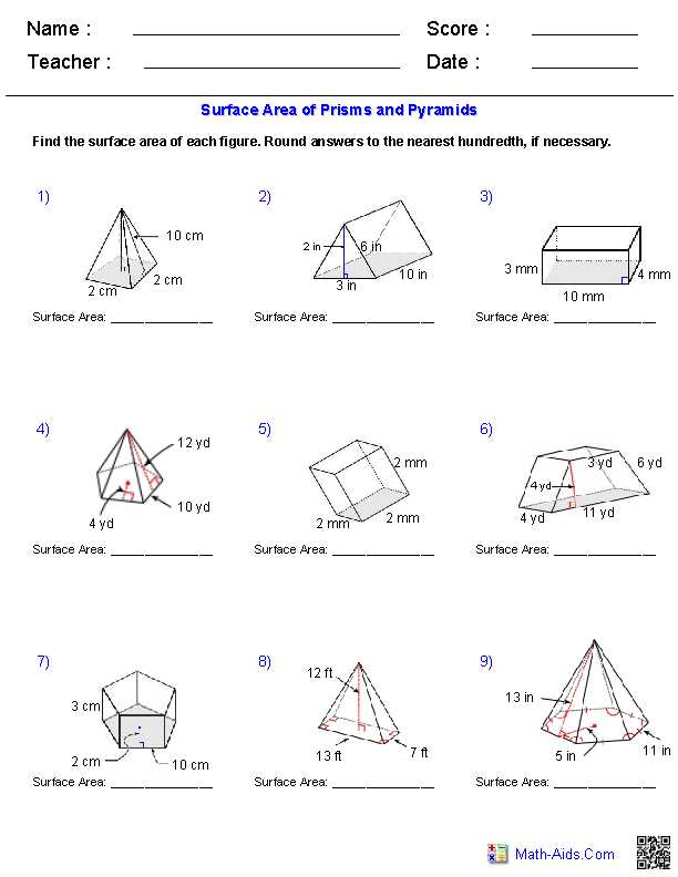Volume Of Prisms Worksheet Along with Geometry Surface area and Volume Worksheet Answers Worksheets for