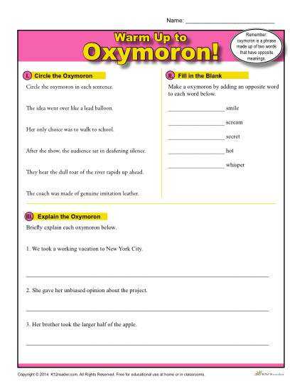 Warm Up to Paradox Worksheet Answers Also Oxymoron Warm Up Activity
