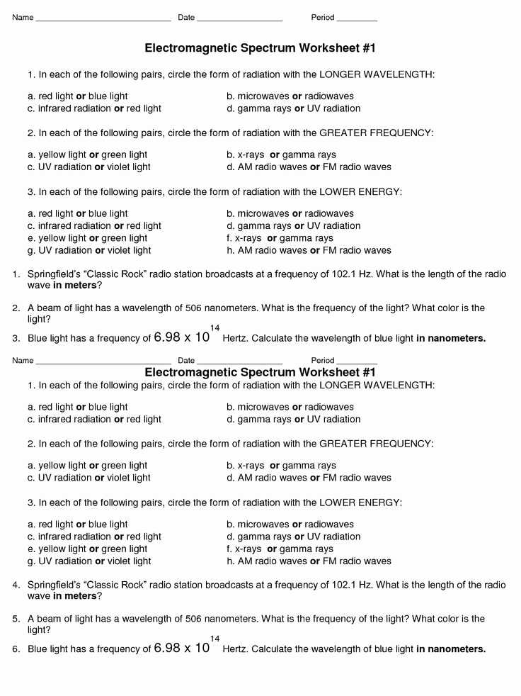 Wavelength Frequency and Energy Worksheet together with 16 New Stock Waves and Electromagnetic Spectrum Worksheet Answers