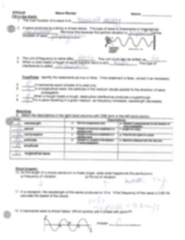 Waves Review Worksheet Answer Key and Wave Review Answers Sph3u0 Wave Review Name Fill In the Blank 1
