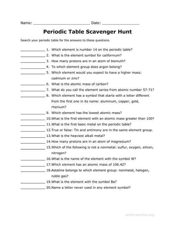 Worksheet Periodic Table Answer Key with Periodic Table Scavenger Hunt School Stuff Pinterest