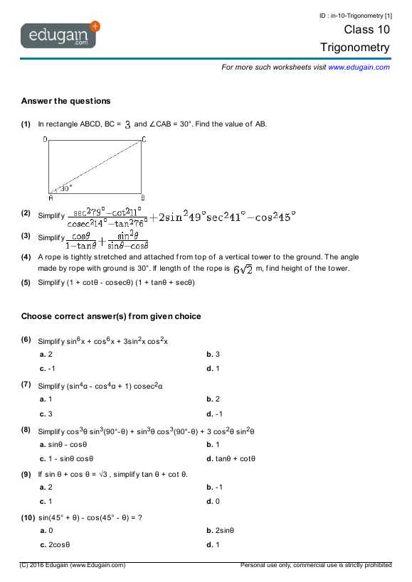 Worksheet the Basic 8 Trig Identities together with Class 10 Math Worksheets and Problems Trigonometry