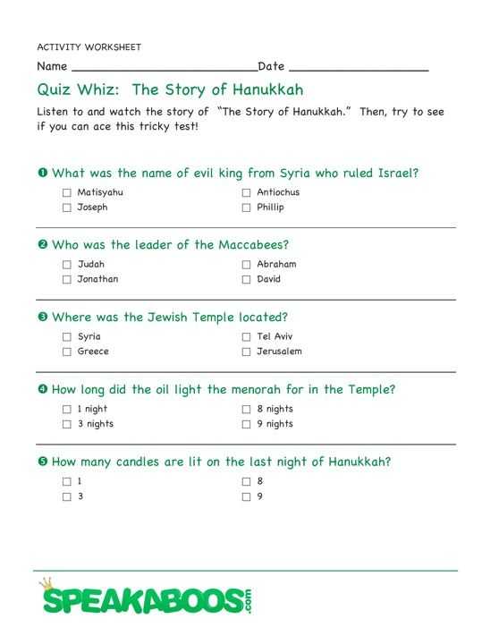 World Religions Worksheets and Quiz Whiz Hanukkah