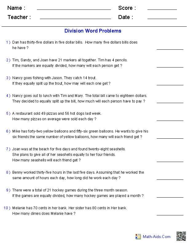 Writing Equations Worksheet with Dynamically Created Division Word Problems Using 1 Digit In Divisor