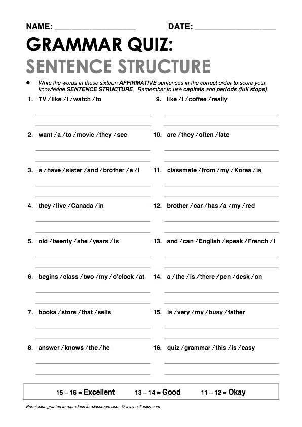 Writing Sentences Worksheets Pdf or Sentence Structure" Grammar Quiz
