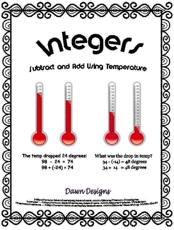 6th Grade Integers Worksheets together with Integer Worksheet Subtract and Add Using thermometers
