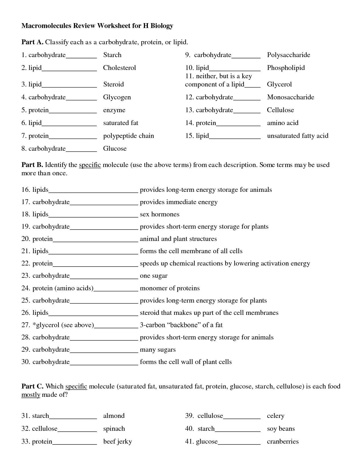 6th Grade Science Worksheets with Answer Key with Macromolecules Worksheet 2 Biology Macromolecules