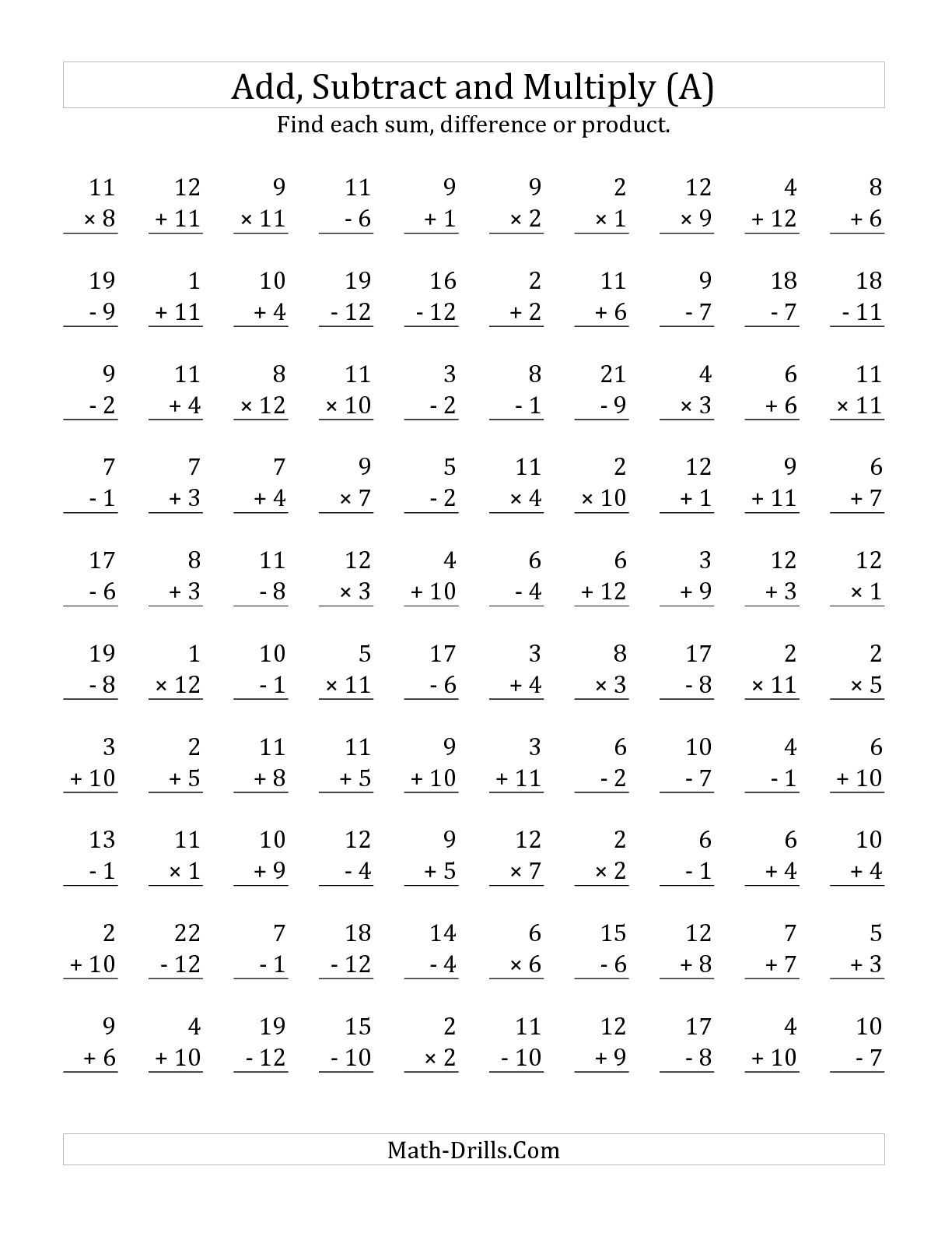 Adding and Subtracting Rational Numbers Worksheet or the Adding Subtracting and Multiplying with Facts From 1 to 12 A