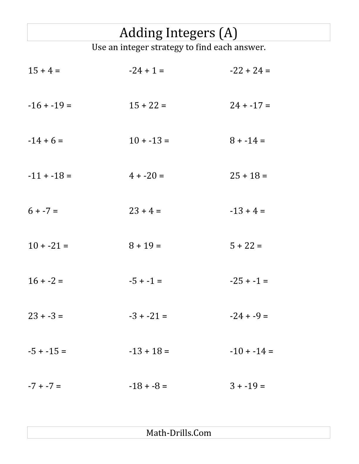 Addition Of Integers Worksheet as Well as Math Worksheets Integers