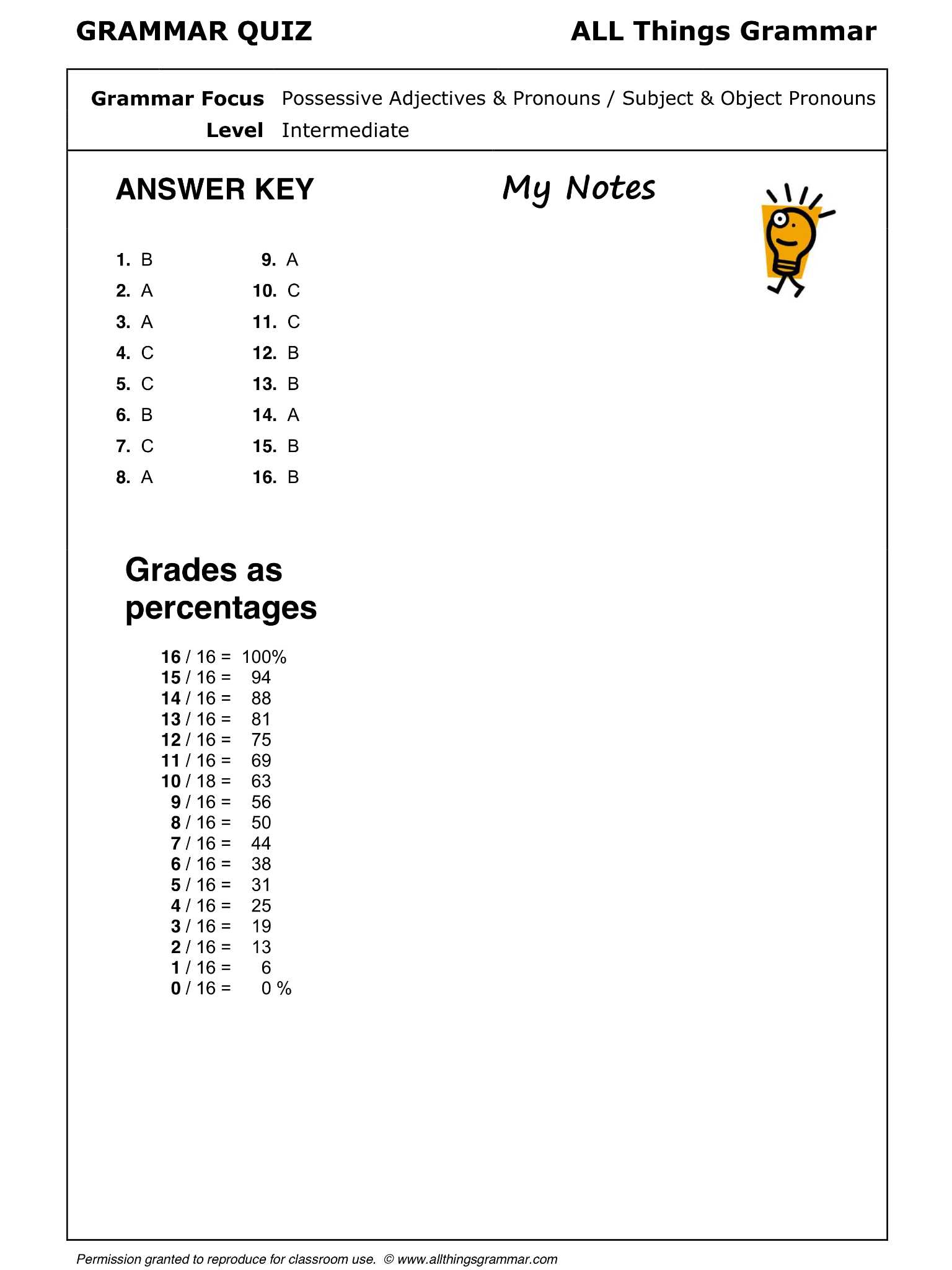 Adjectives Worksheets for Kindergarten or English Grammar Possessive Adjectives & Pronouns Subject & Object