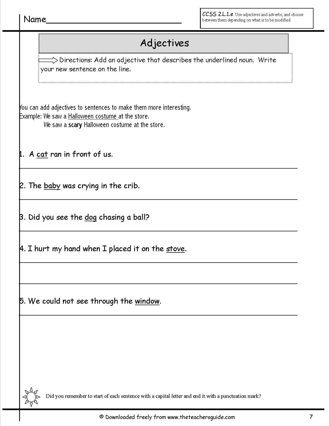 Adjectives Worksheets for Kindergarten or Sentences with Nouns and Adjectives Worksheets