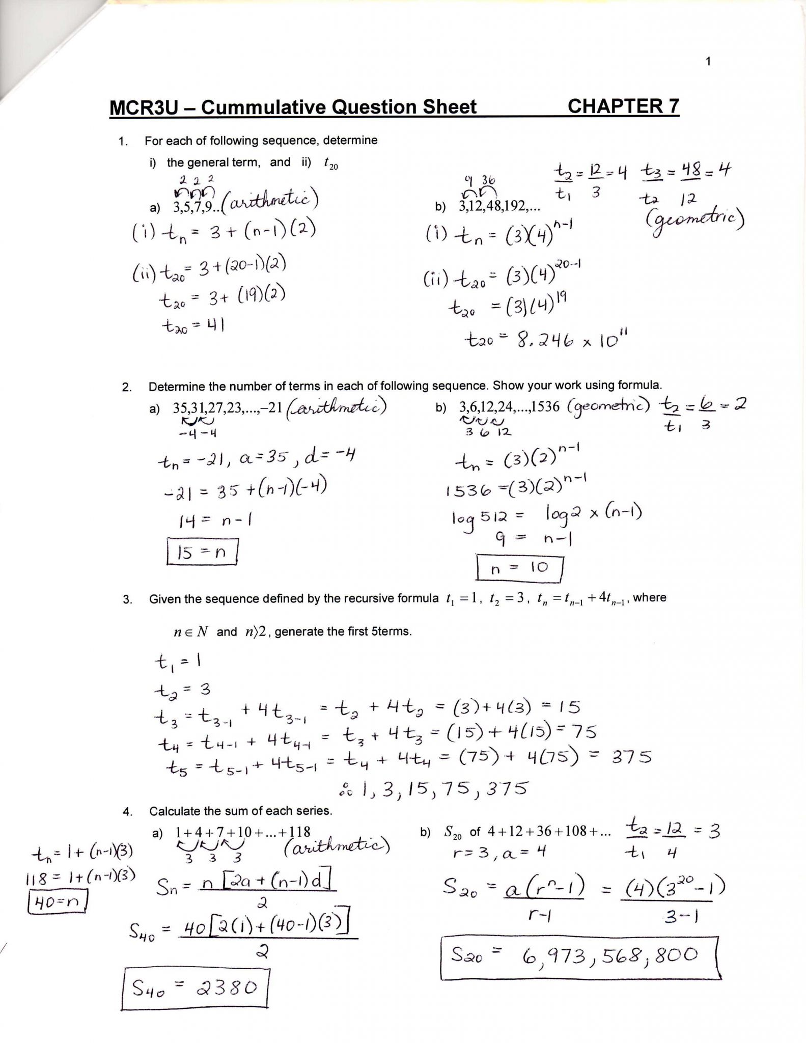 Arithmetic Sequences and Series Worksheet Answers with Quadratic Sequences Worksheet with Answers