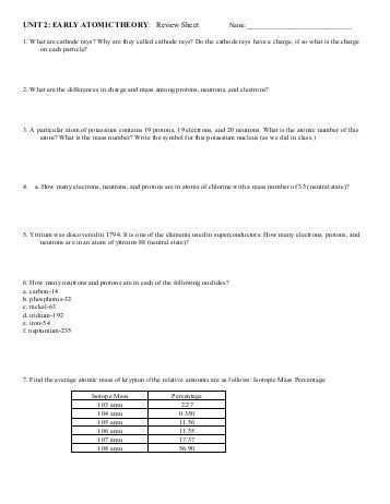 Atomic Structure Review Worksheet Answer Key and atomic Structure Worksheet Answers