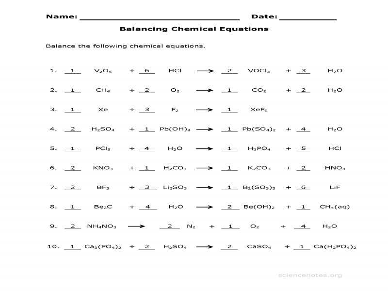 Balancing Chemical Equations Worksheet 1 or Balancing Chemical Equations Worksheet Answers 1 10 Kidz Activities