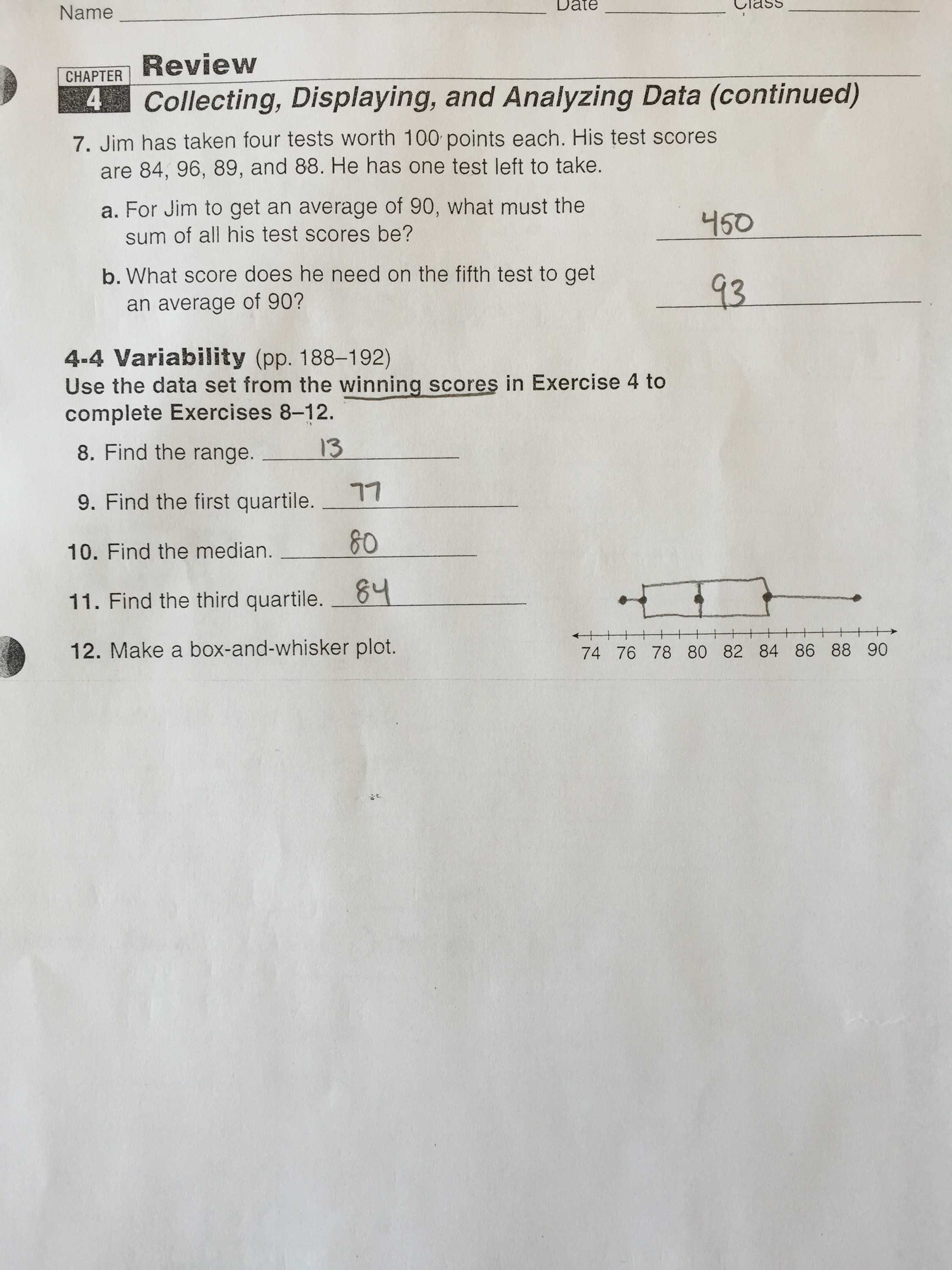 Box and Whisker Plot Worksheet 1 Also 7th Grade Mid Chapter 4 Review Sheet Answers