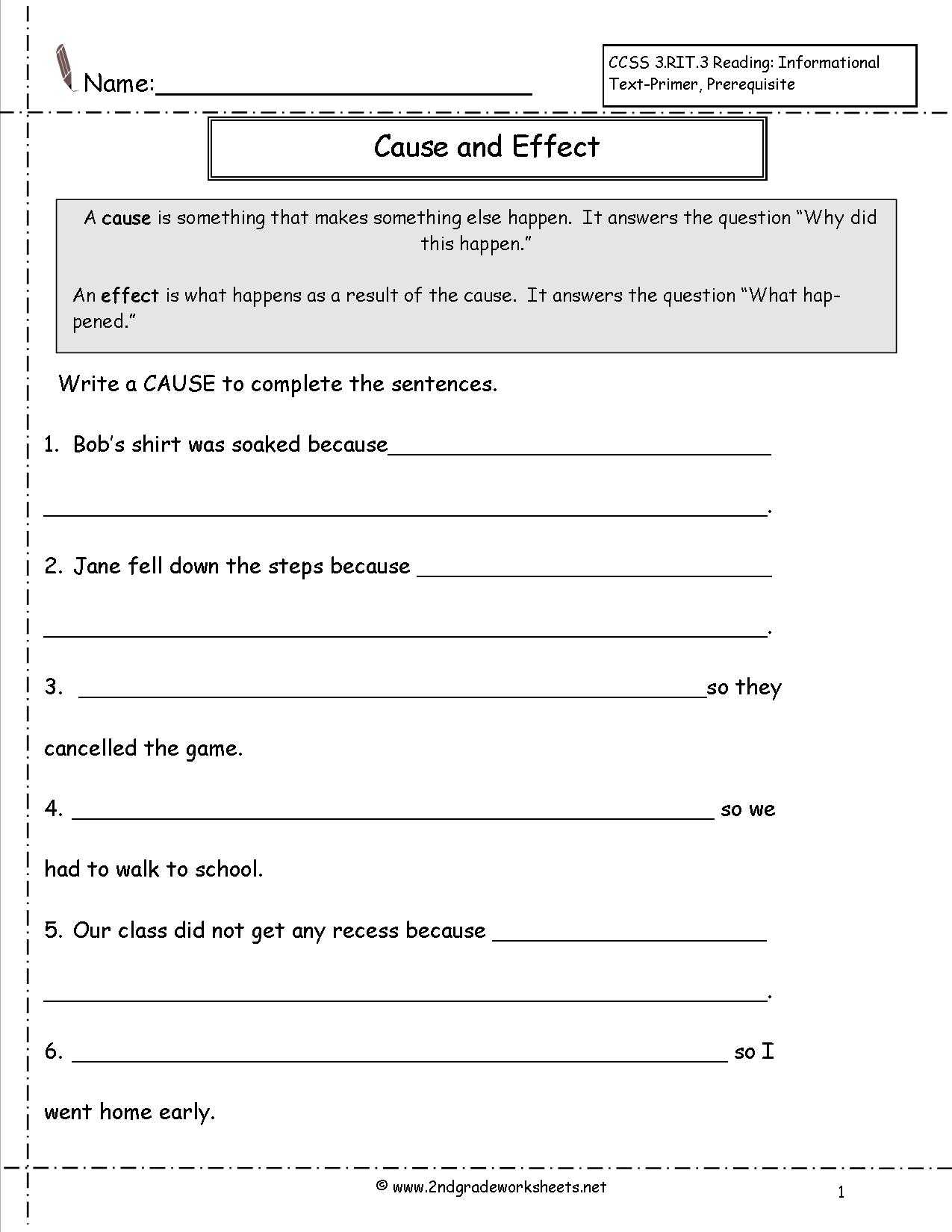 Cause and Effect Worksheets 2nd Grade with Cause and Effect Worksheets 4th Grade Worksheet Math for Kids