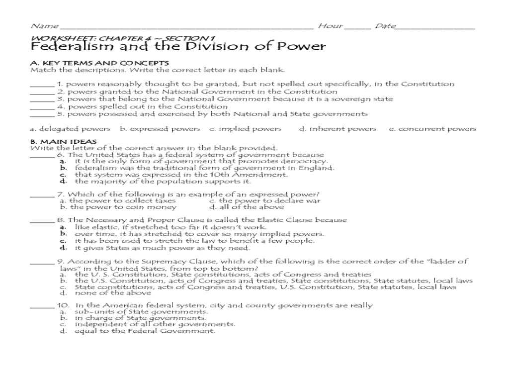 Chapter 20 Section 2 the Harding Presidency Worksheet Answers with 22 Best S Federalism the Division Power Worksh