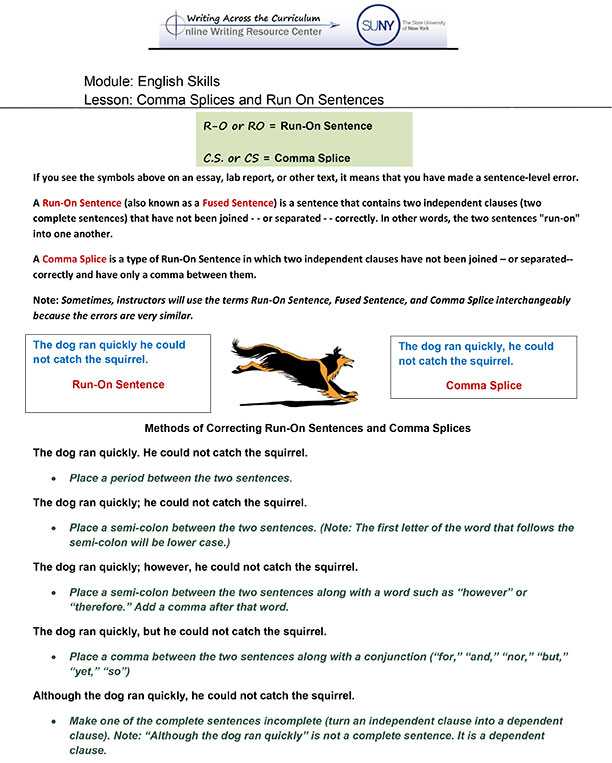 Correcting Run On Sentences Worksheets or English Skills