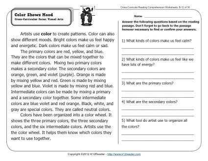 Cross Curricular Reading Comprehension Worksheets Also Color Shows Mood