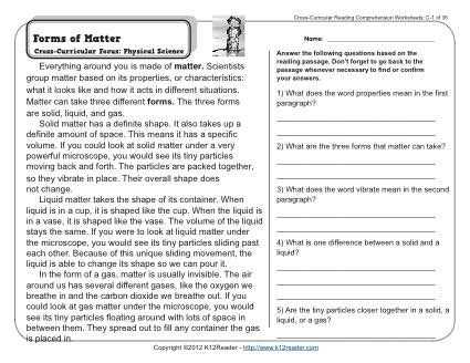 Cross Curricular Reading Comprehension Worksheets and forms Of Matter