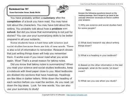 Cross Curricular Reading Comprehension Worksheets and Summarize It