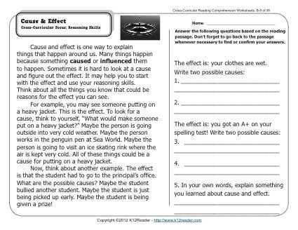 Cross Curricular Reading Comprehension Worksheets or Cause & Effect