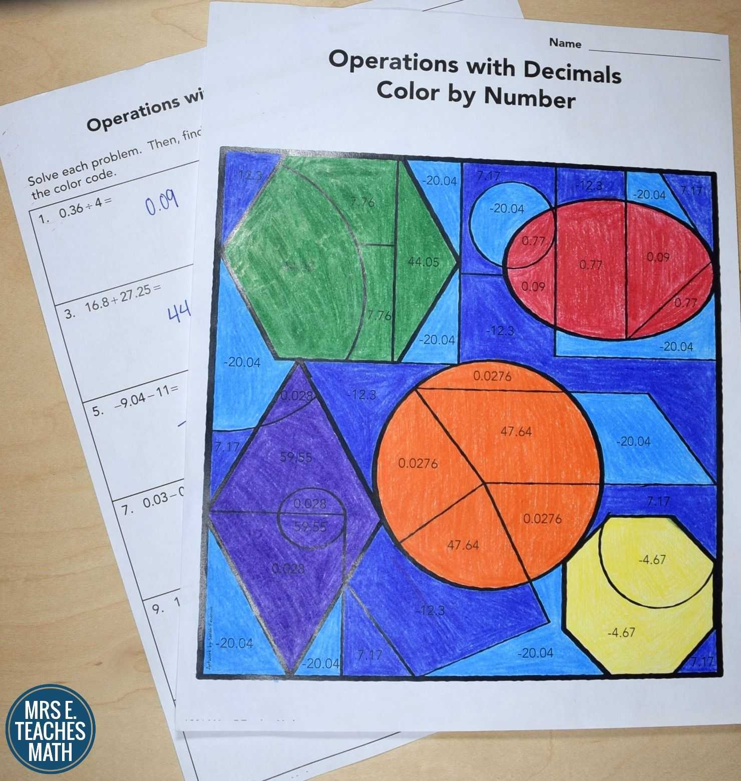 Decimal Multiplication and Division Worksheet or Operations with Decimals Color by Number This Activity Includes