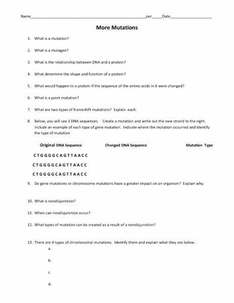 Dna Mutations Worksheet Answer Key Along with 43 Dna Mutations Practice Worksheet Answers Fresh