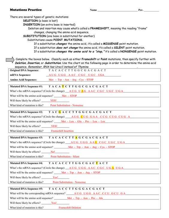 Dna Mutations Worksheet Answer Key Also 13 3 Mutations Worksheet Answer Key Life Science Teachers Edition Te