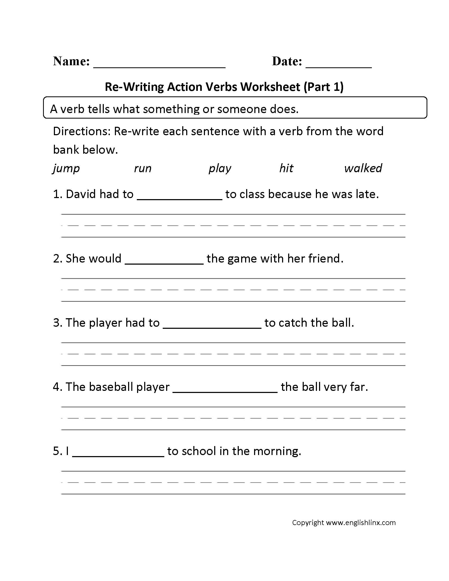 English Worksheets for Grade 1 with Worksheet for Grade 1 Action Words