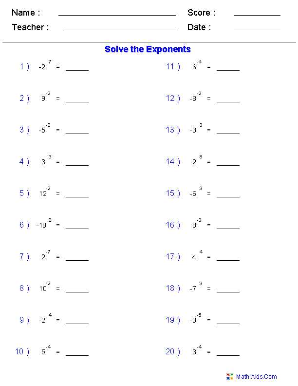 Exponents Worksheets 6th Grade and Math Worksheets From Math Aids Kindergarten to Grade 8