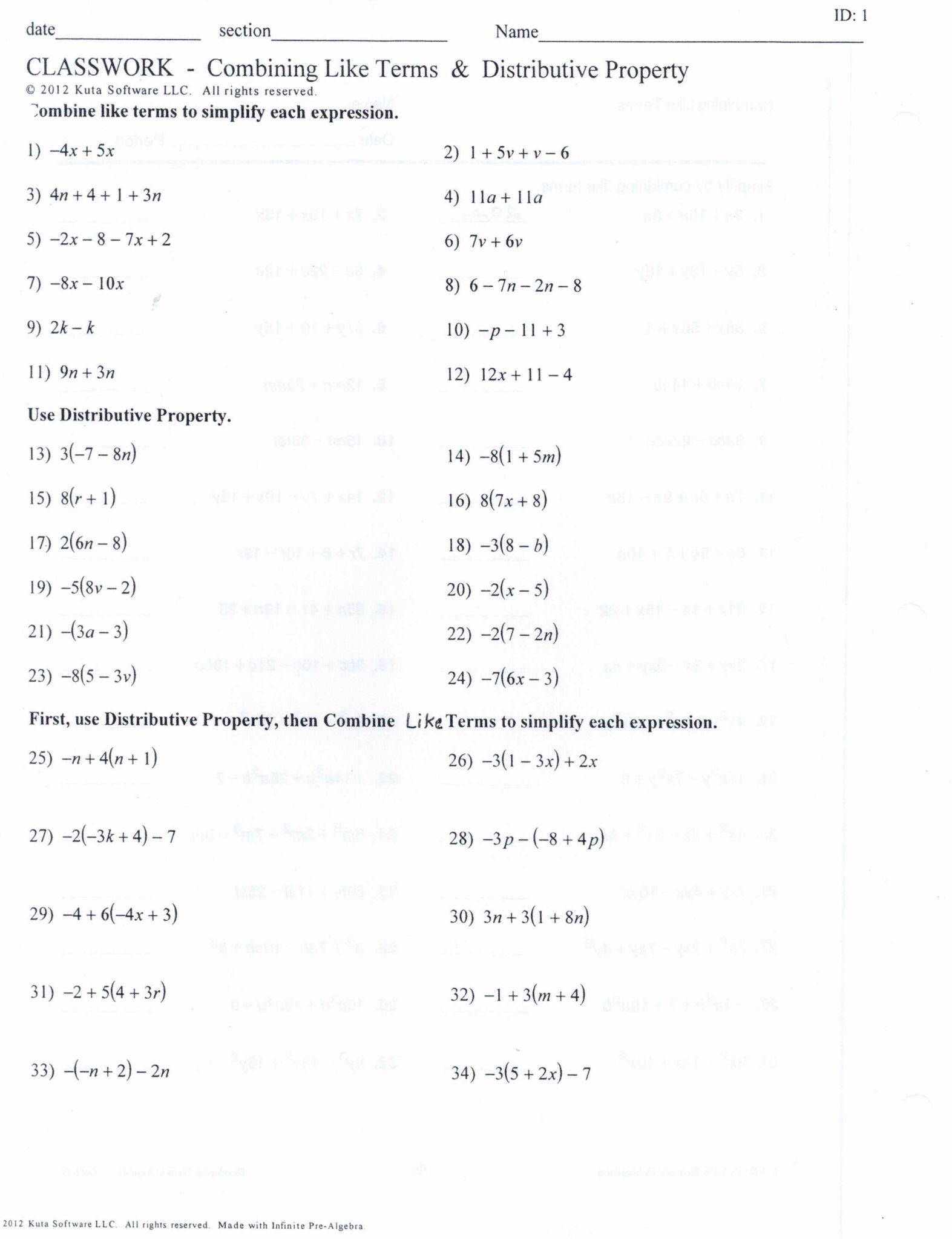 Factoring Using the Distributive Property Worksheet Answers Along with Distributive Property Bining Like Terms Worksheet