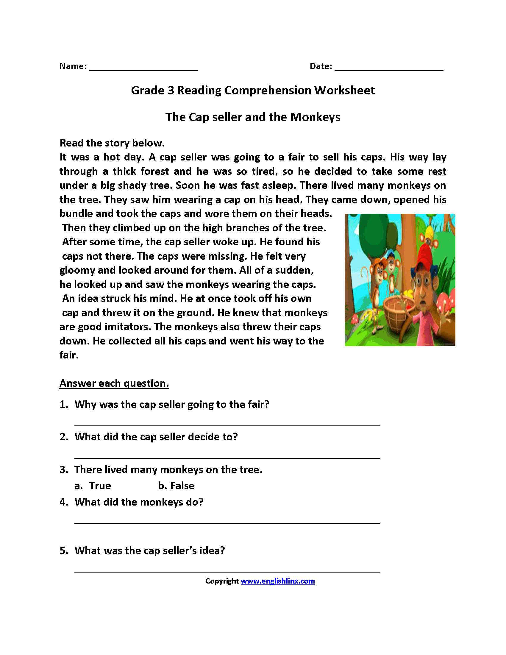 First Grade Reading Comprehension Worksheets as Well as Cap Seller and Monkeys Third Grade Reading Worksheets