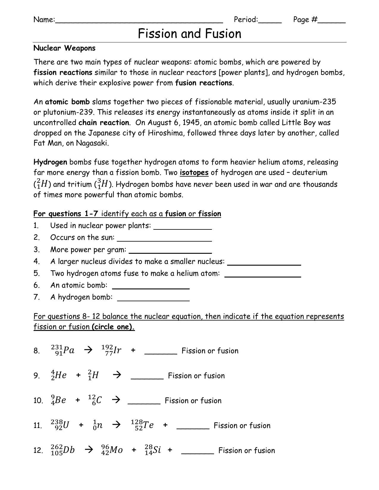Fission Versus Fusion Worksheet Answers with Fission Versus Fusion Worksheet Answers