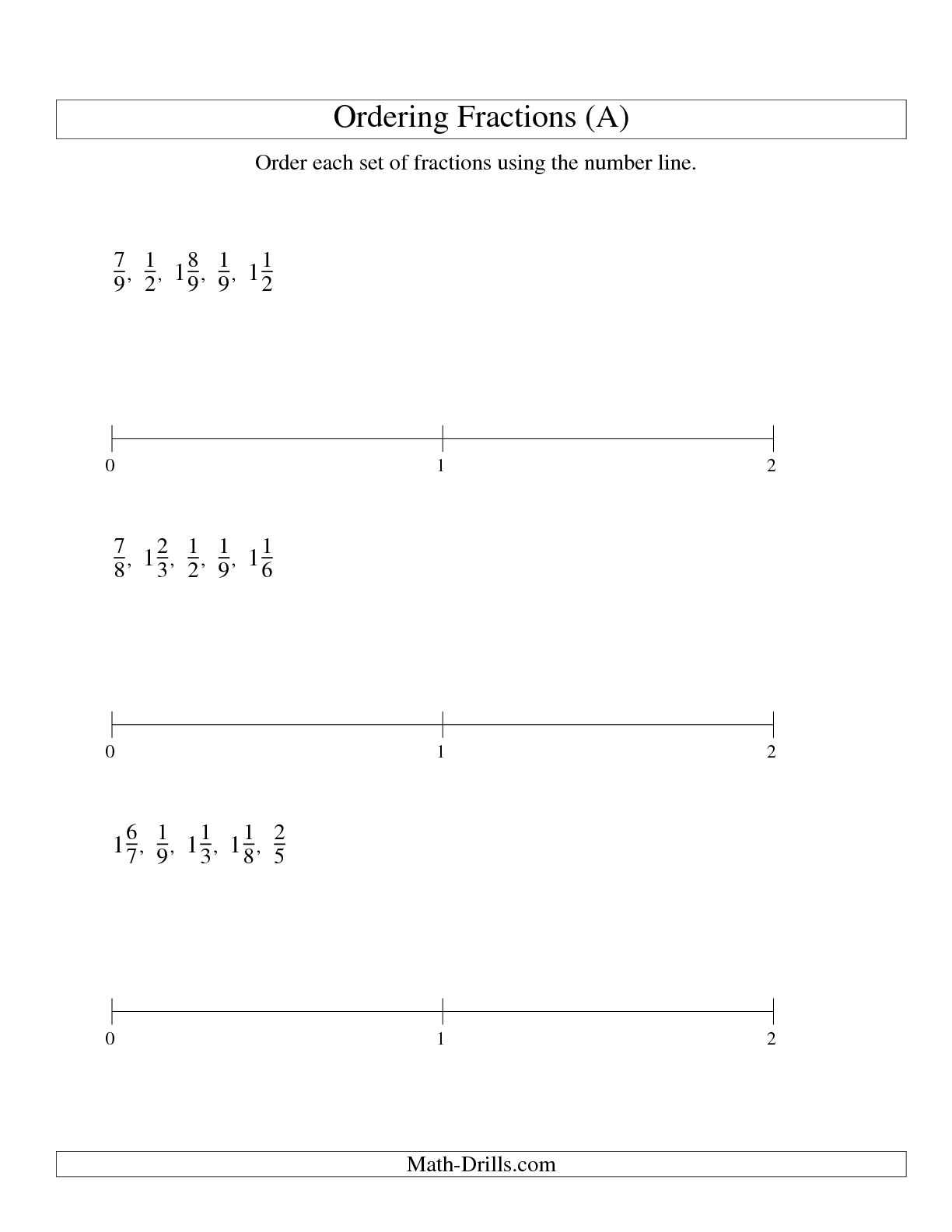 Fractions On A Number Line 3rd Grade Worksheets with ordering Fractions On A Number Line All Denominators to 10 Paring