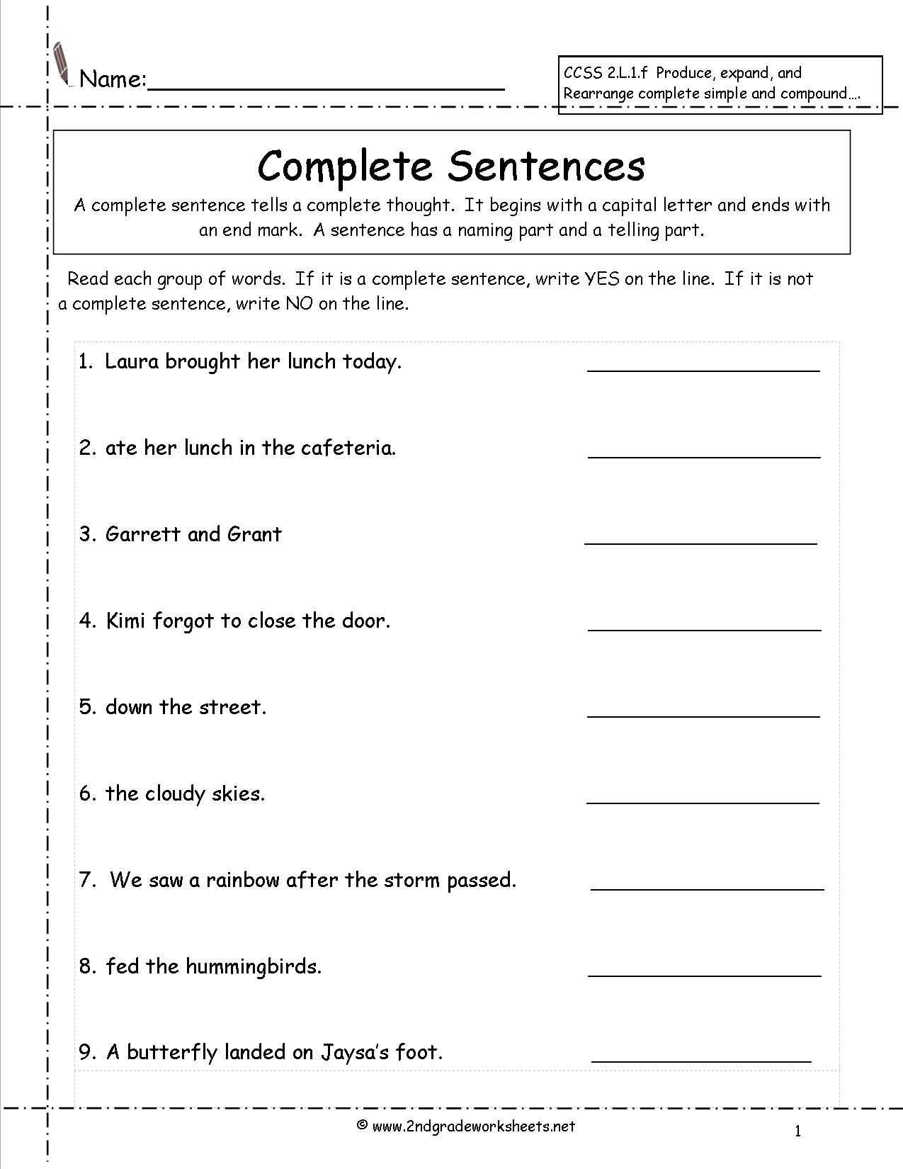 Fragments and Run On Sentences Worksheet and Second Grade Sentences Worksheets Ccss 2 L 1 F Worksheets