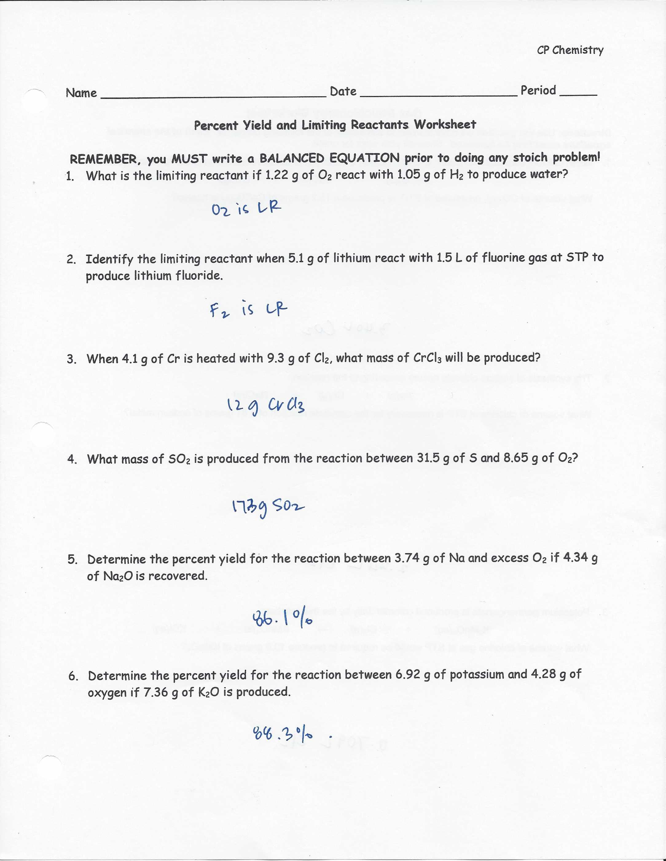 Gas Stoichiometry Worksheet with solutions together with Worksheet Limiting Reactant and Percent Yield Worksheet Answer Key