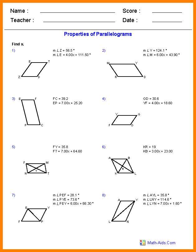 Geometry Parallelogram Worksheet and 6 Properties Of Parallelogram
