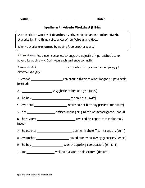 Identifying Adverbs Worksheet as Well as Fill In Spelling with Adverbs Worksheet