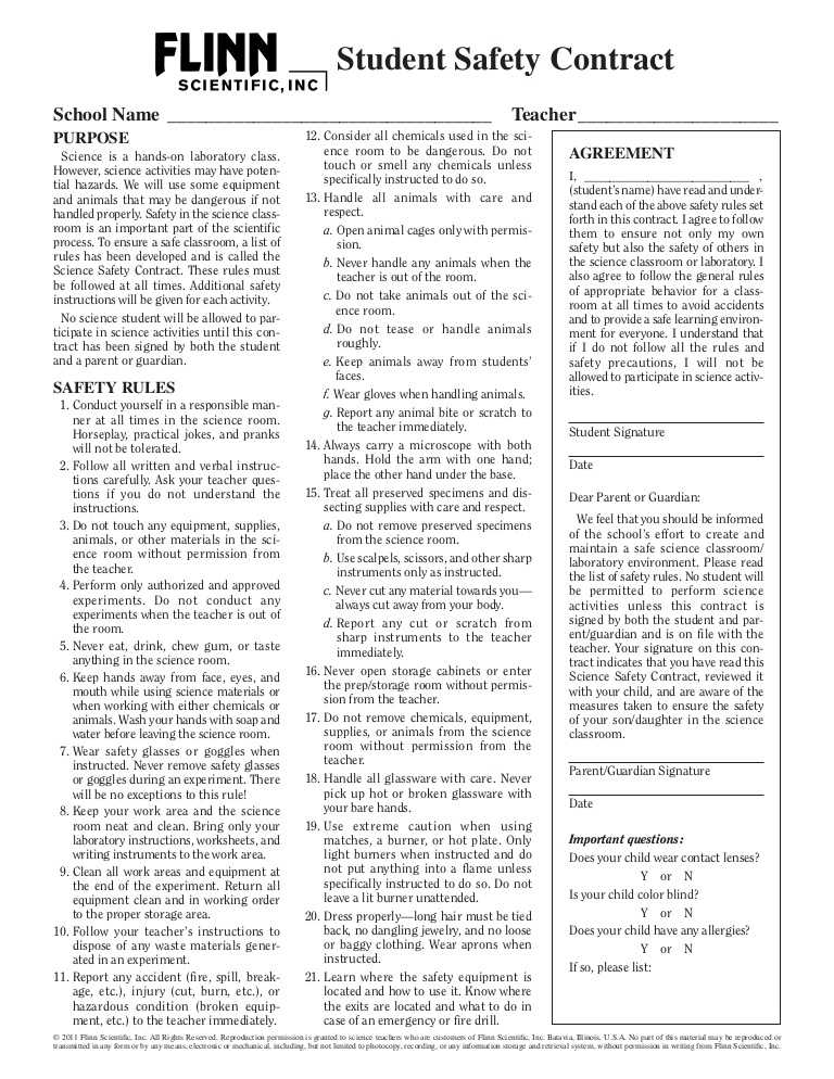 Lab Safety Worksheet Answers or Safety Contract for Middle Schools