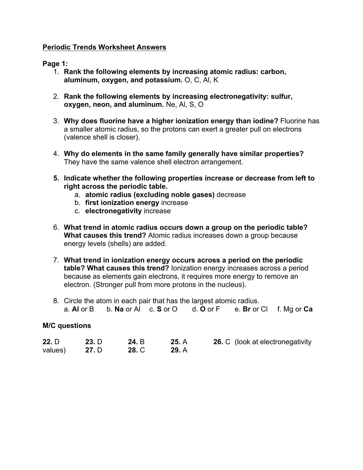 Limiting Reagent Worksheet as Well as Periodic Trends Worksheet Answers Page 1 Rank the Following